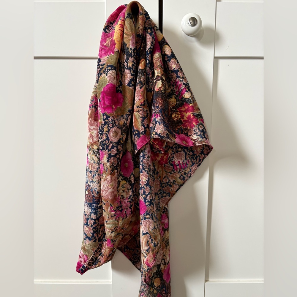 Floral Print Silk-Wild Rag/ Scarf in Navy and Hot Pink